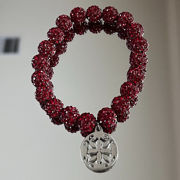 Rustic Cuff Metal Stainless Steel Shambala Beaded Stretch Bracelet cranberry - Picture 2 of 2